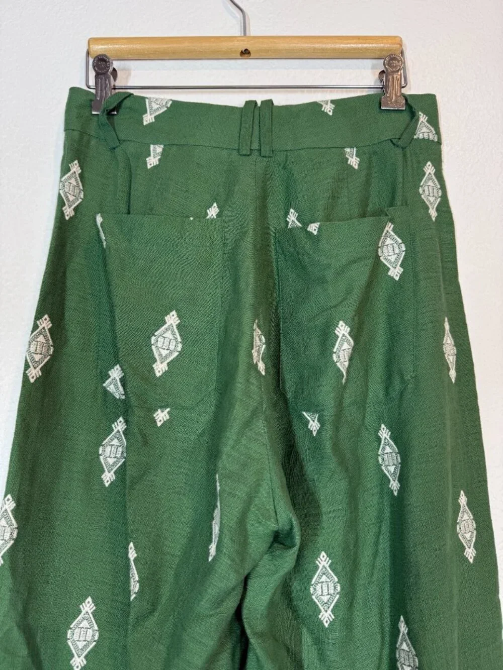 Zara Embroidered Trousers Size Small Green Pants Linen Cropped Wide Leg Coolots